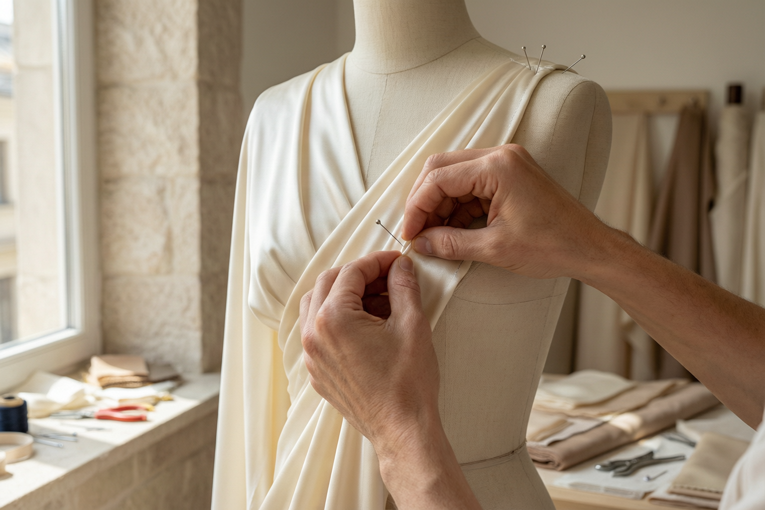 SOIE atelier — hands draping silk fabric