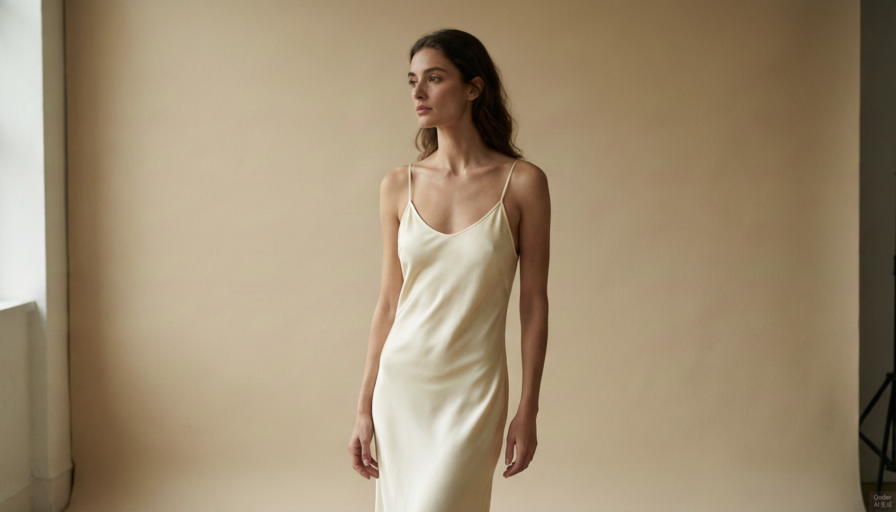 SOIE — model in cream silk dress